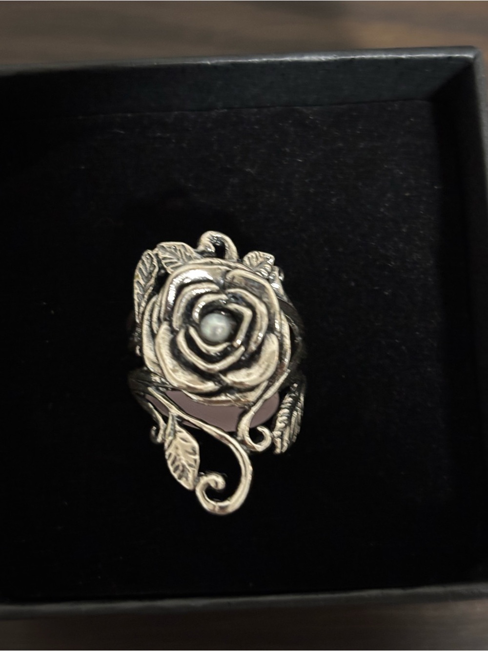Antique-Style Silver Rose Ring with Pearl Center - Women Jewelry